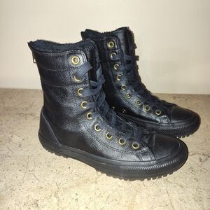 Black Converse Chuck Taylor Leather Ankle Boots with Gold Accents